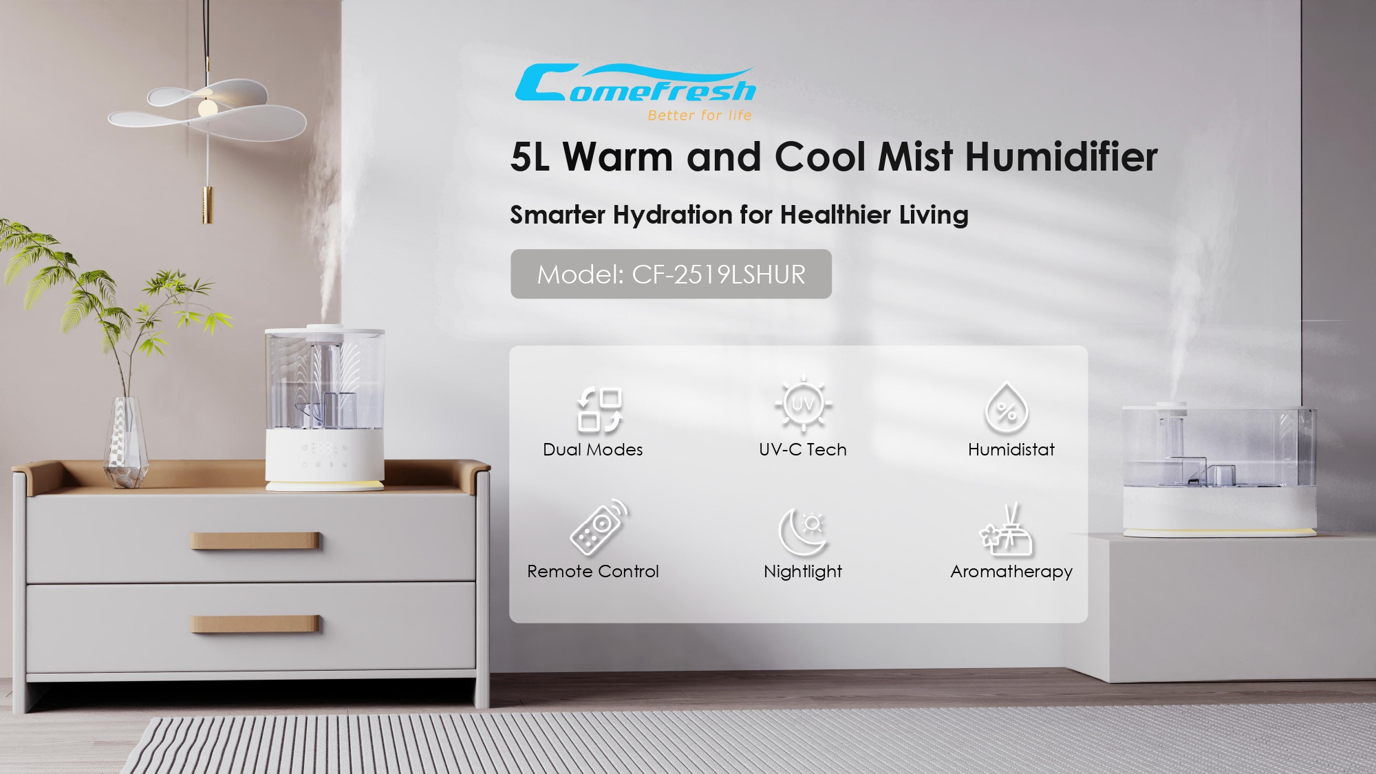 5L Humidifier with Top Fill Design Easy Clean 360° Nozzle Low Energy