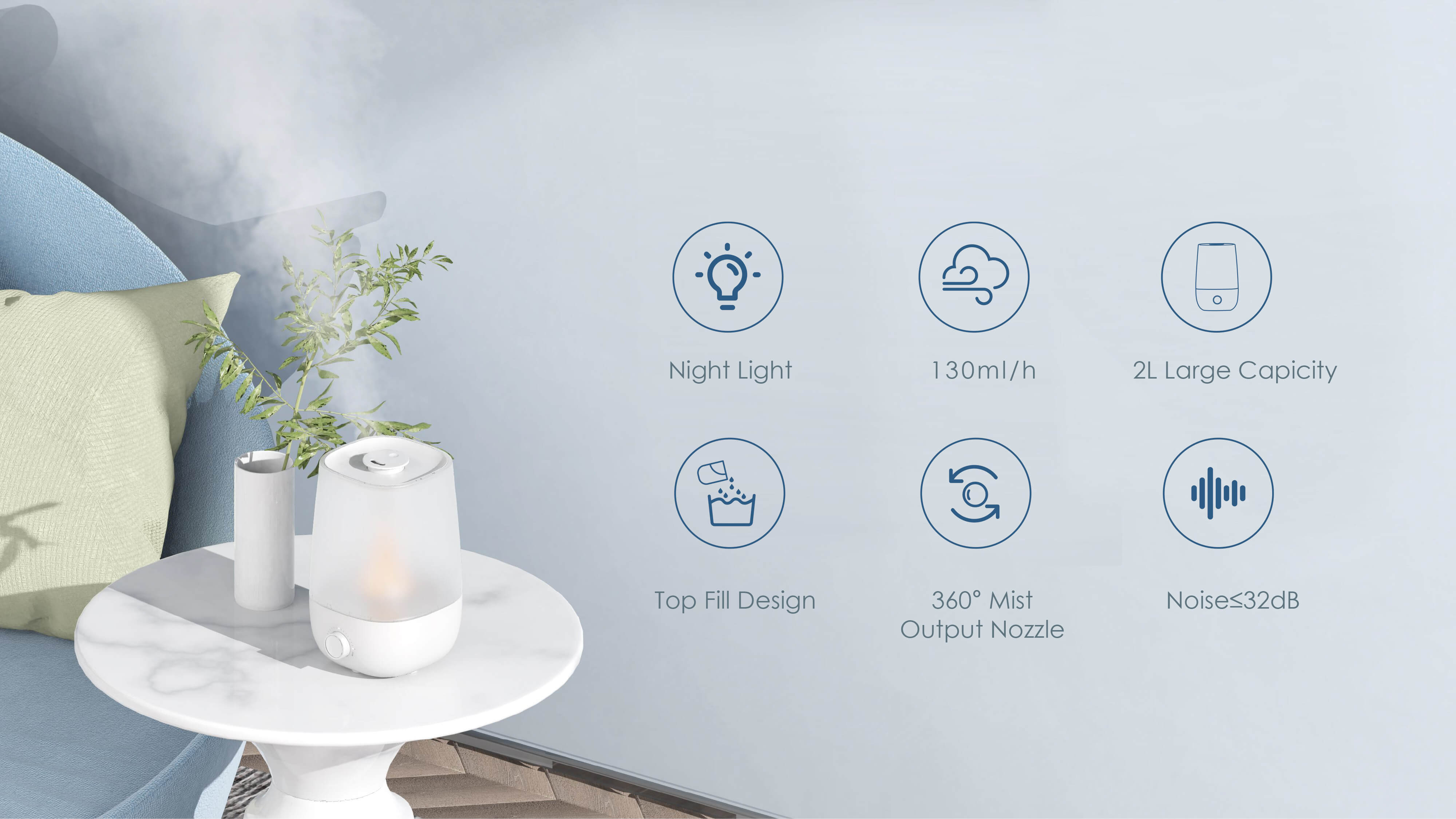 Comefresh 2L Top-Fill Humidifier for Bedroom Quiet Ultrasonic Cool Mist Humidifier with Nightlight for Baby Nursery Home Office
