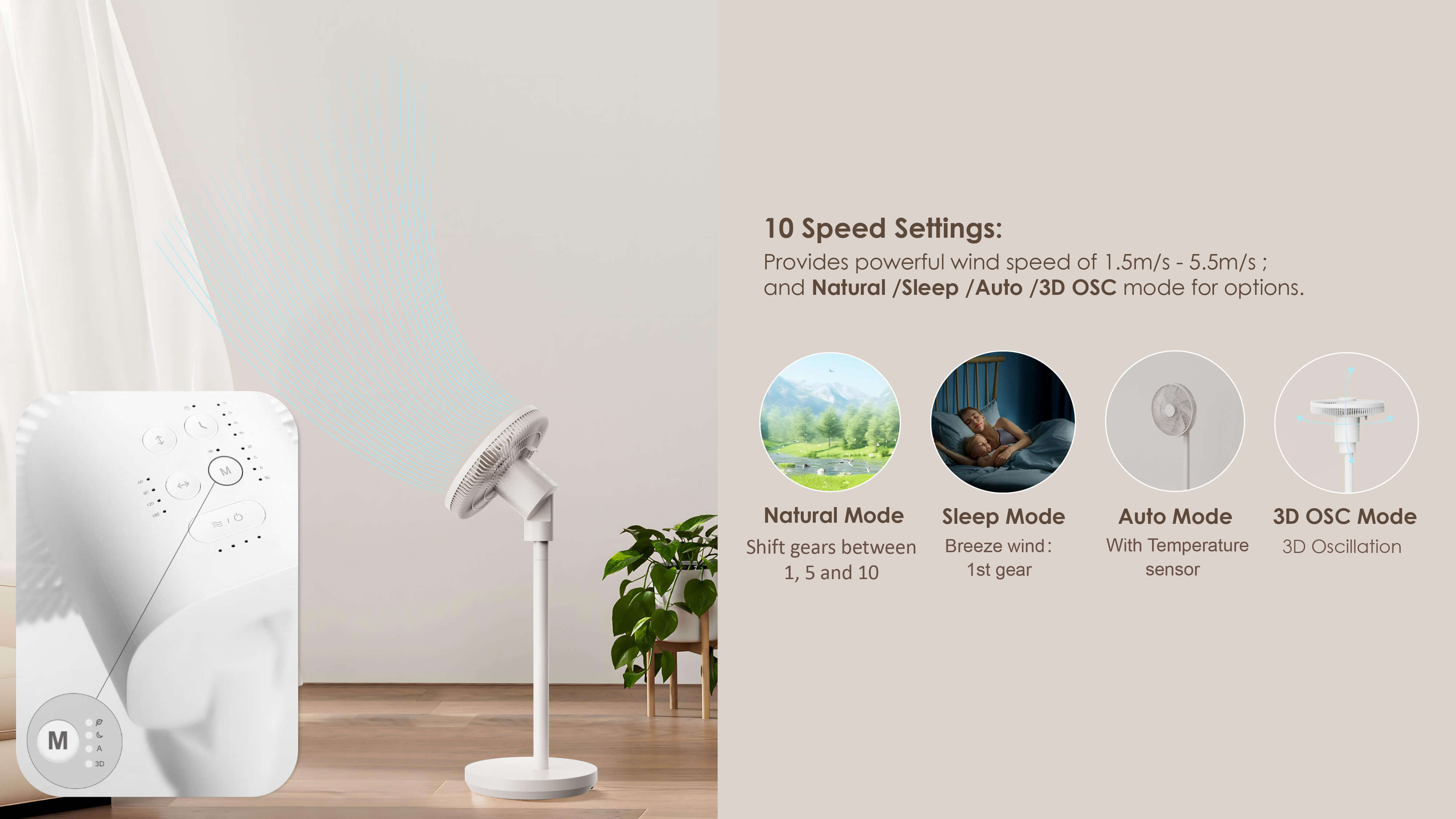 Comefresh Floor Fan Smart Standing Fan Adjustable Pedestal Fan